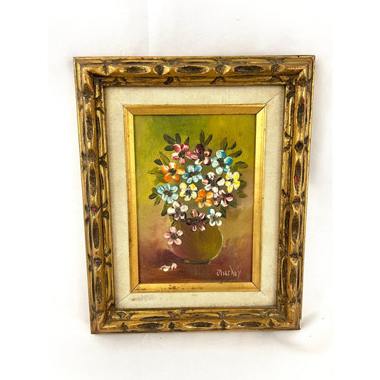 VTG Original Oil Painting Artist Signed Flower Vase Wood Framed MCM 70s