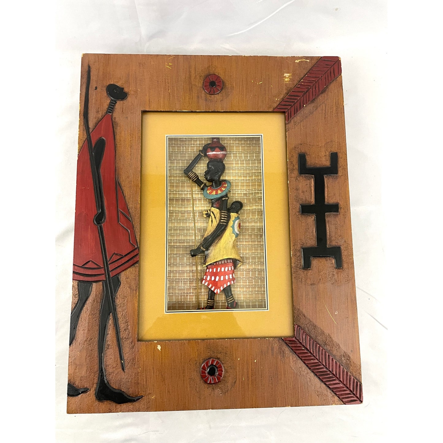 VTG Shadow Box Display With Statue Of African Tribe Woman Handmade 14"x17.5"