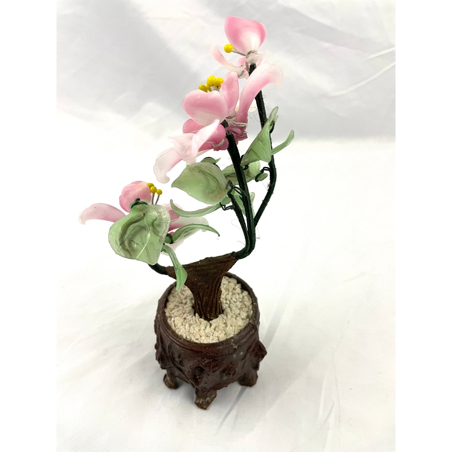 VTG Pink Cherry Blossom Jade Carved Leaves Faux Bonsai Tree 8" Tall