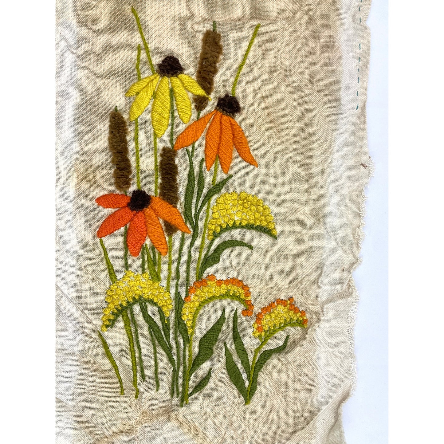 VTG Crewel Wildflowers Floral Embroidered Fiber Wall Art 15"x25" MCM 1970s