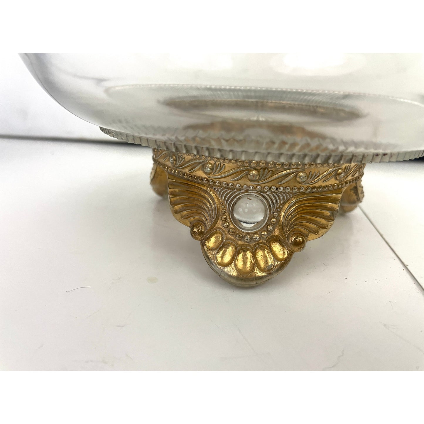 VTG Three Footed Clear Cut Pressed Glass Bowl Gold 3D Embossed Trim