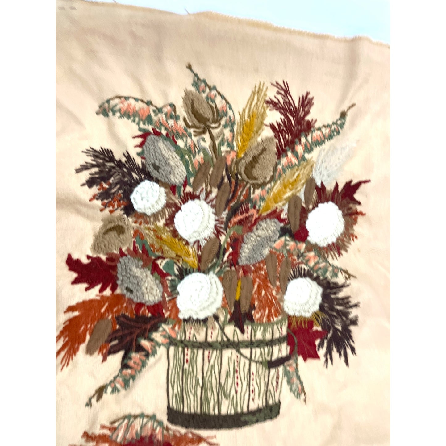 VTG Crewel Fall Bouquet 80s Needlecraft Hand Embroidered Wall Art 19"x21"