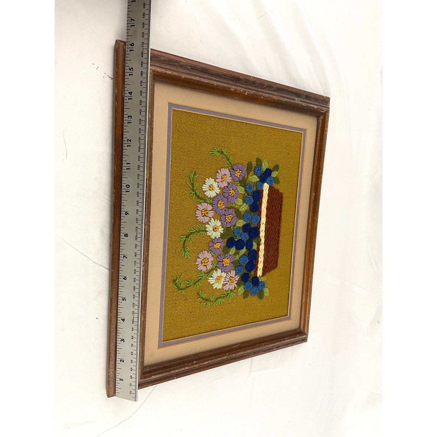 VTG Crewel Embroidery Floral Framed 70's Finished Fiber Wall Art 16"X14" MCM