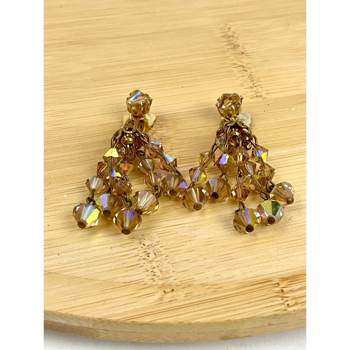 VTG Crystal Chandelier Clip On Earring Brown Iridescent Beaded Dangle 2" Long