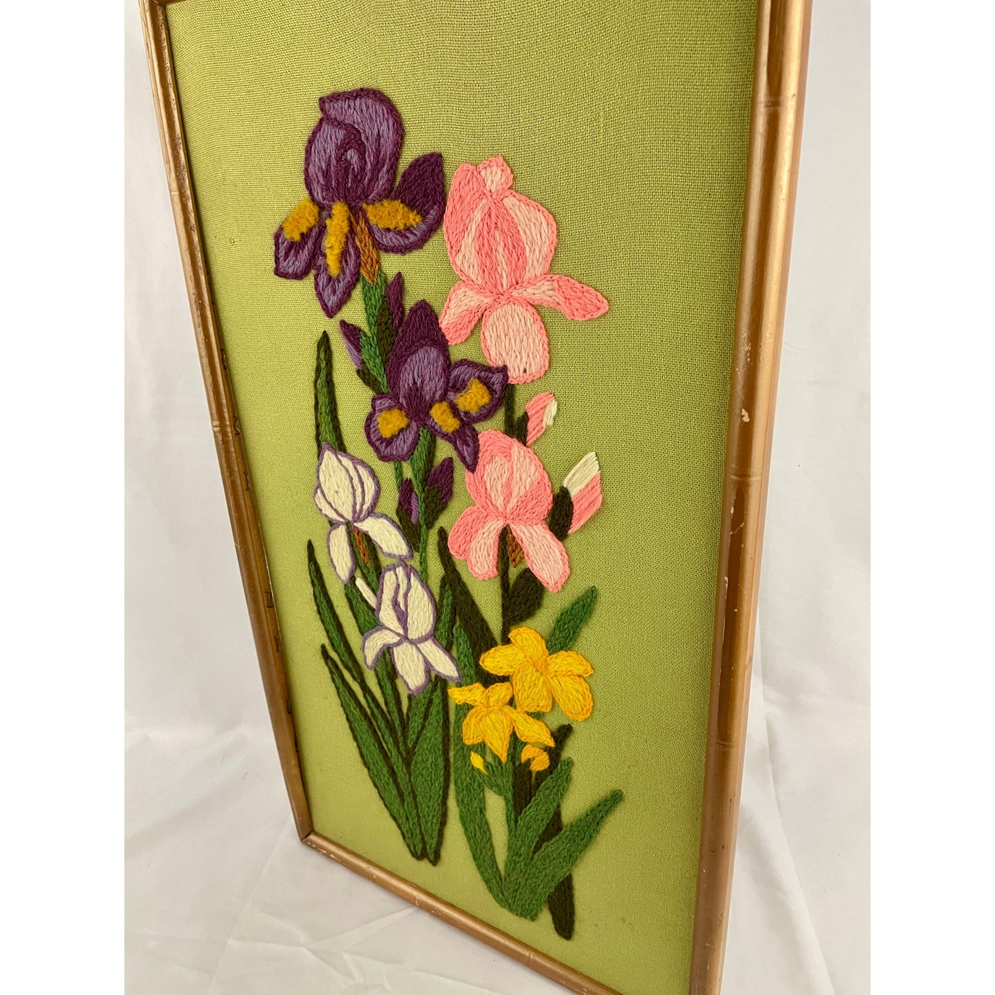 VTG Crewel Floral Iris Needlepoint Framed 70's Embroidered Wall Art 13"x34"