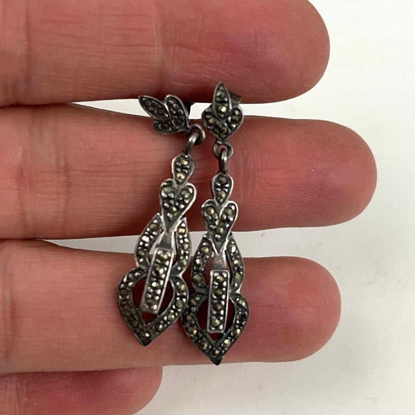 VTG Marcasite and Sterling Silver 925 Dangle Earrings Unique Rare Stamped