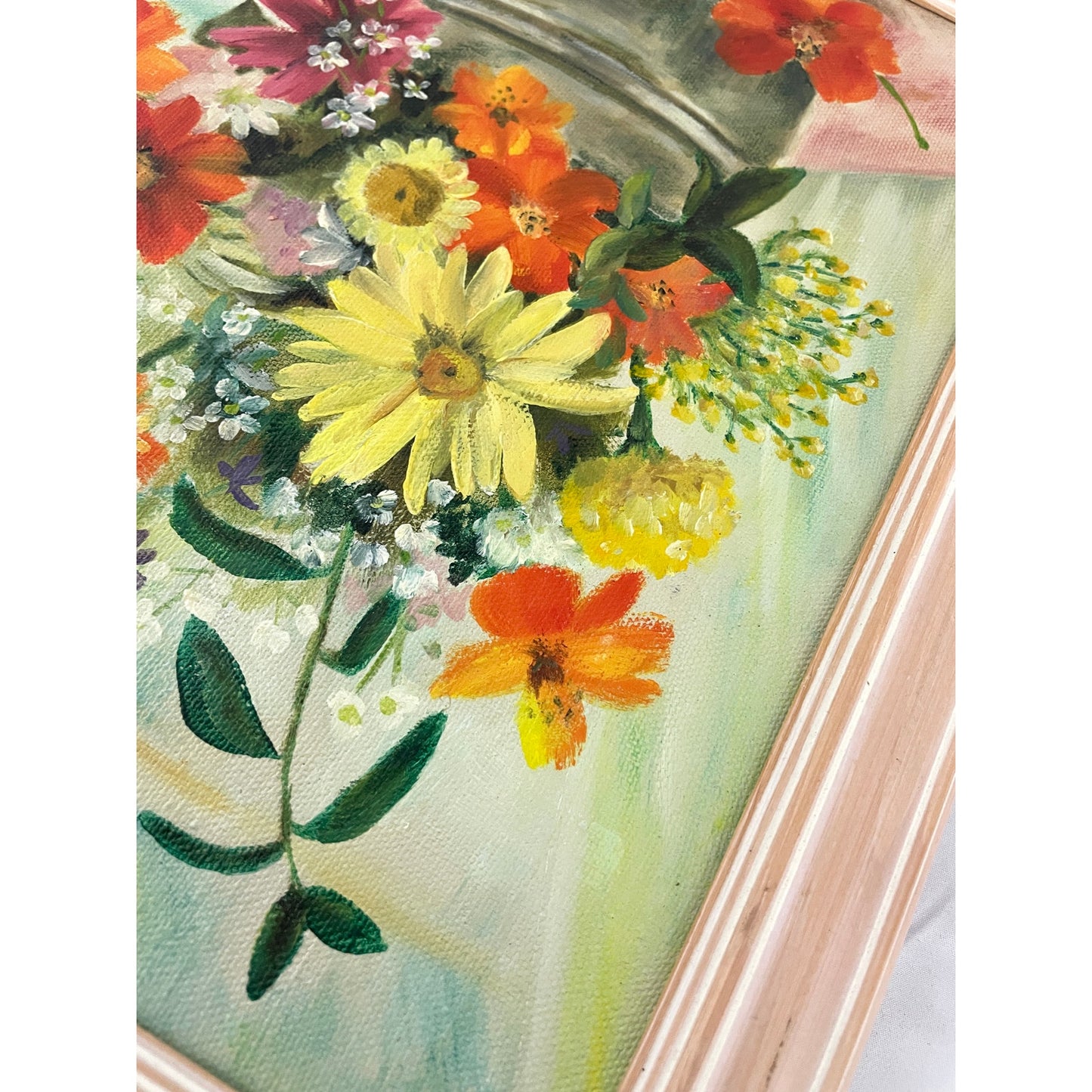 VTG Oil Painting Signed Flower Vase Wood Framed MCM 70s Still Life Original