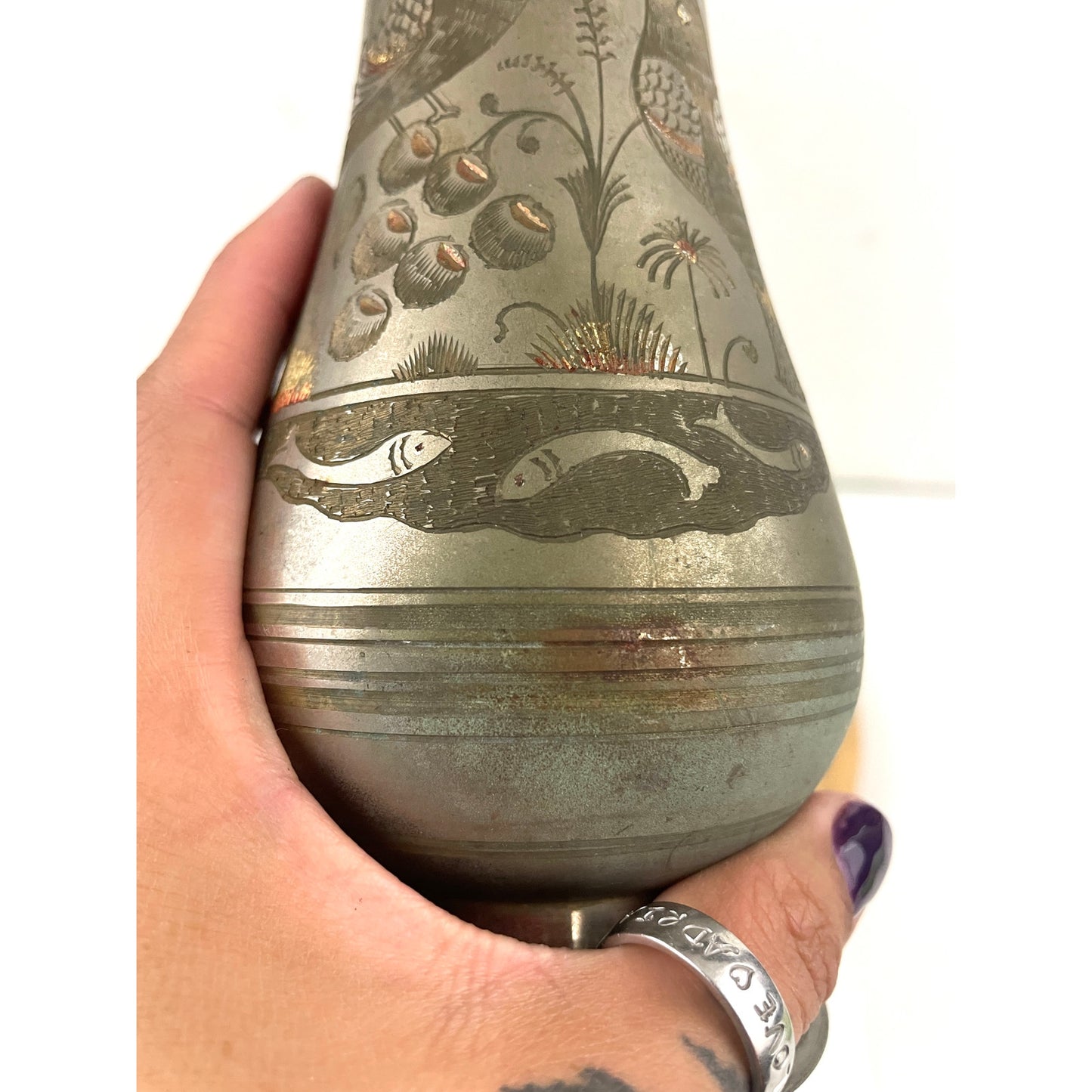 VTG Silver Tone Metal Middle Eastern Vase With Etching 8" Tall Birds Fish