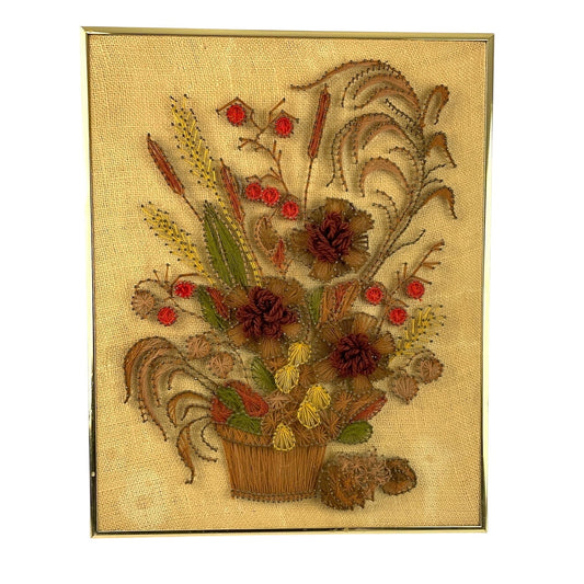 VTG String Nail Art Floral Basket Boho Decor 1970s Eclectic Wall Art 16"x20"