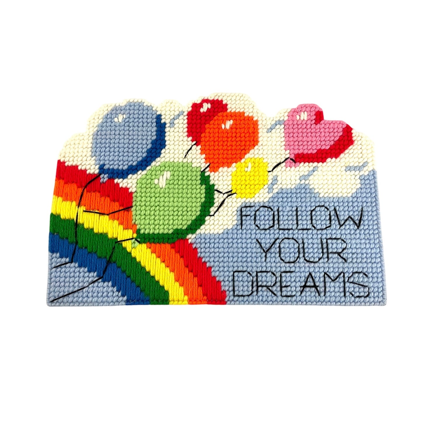 VTG 80's Rainbow Balloons Follow Your Dreams Cross Stitch Wall Art 10"x7" MCM