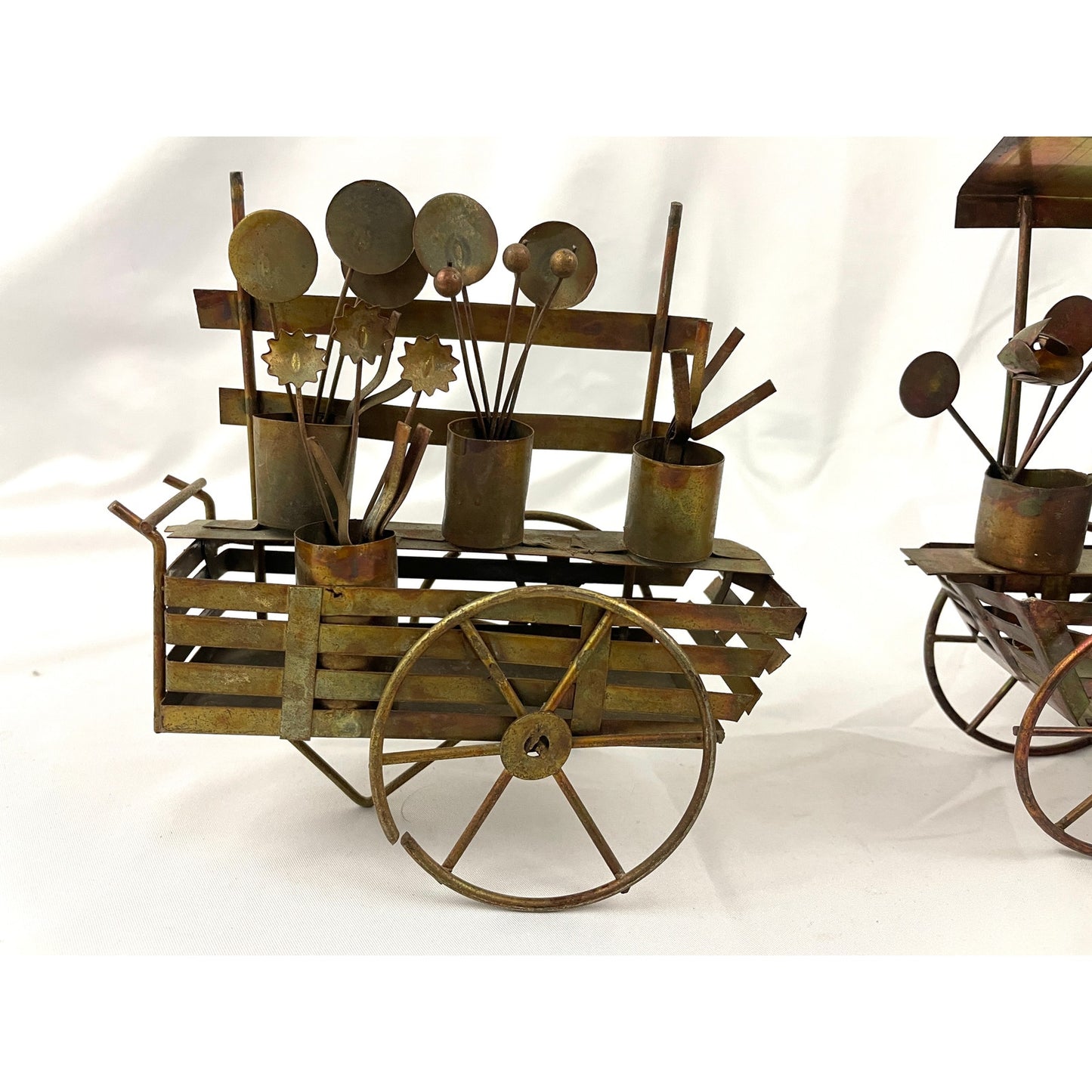 VTG Lot of 2 Copper Market Wagon Metalware Decor Flower Cart Farmers Sculpture