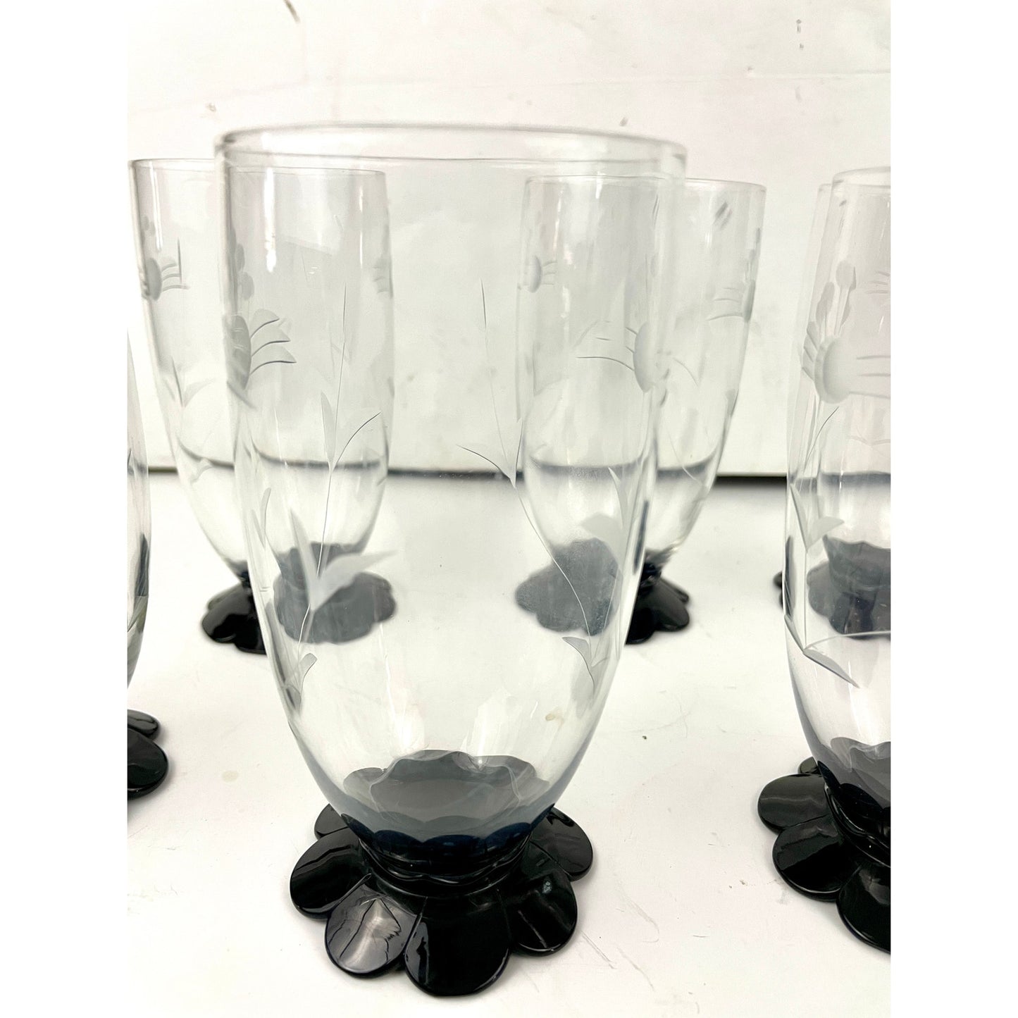 VTG Weston Etched Art Deco Floral Lily Base Black Footed Glasses Set of 7