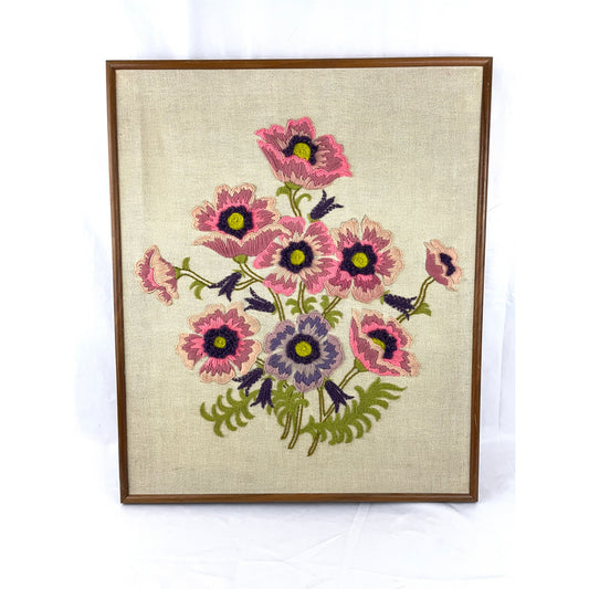 VTG Crewel Embroidery Floral Pink Flowers Framed 70's MCM Fiber Wall Art 20"X24"