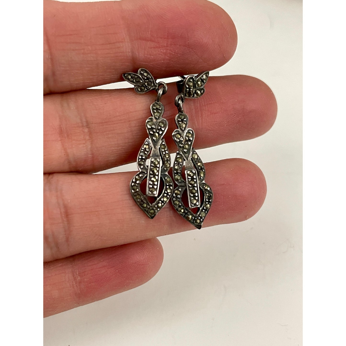 VTG Marcasite and Sterling Silver 925 Dangle Earrings Unique Rare Stamped