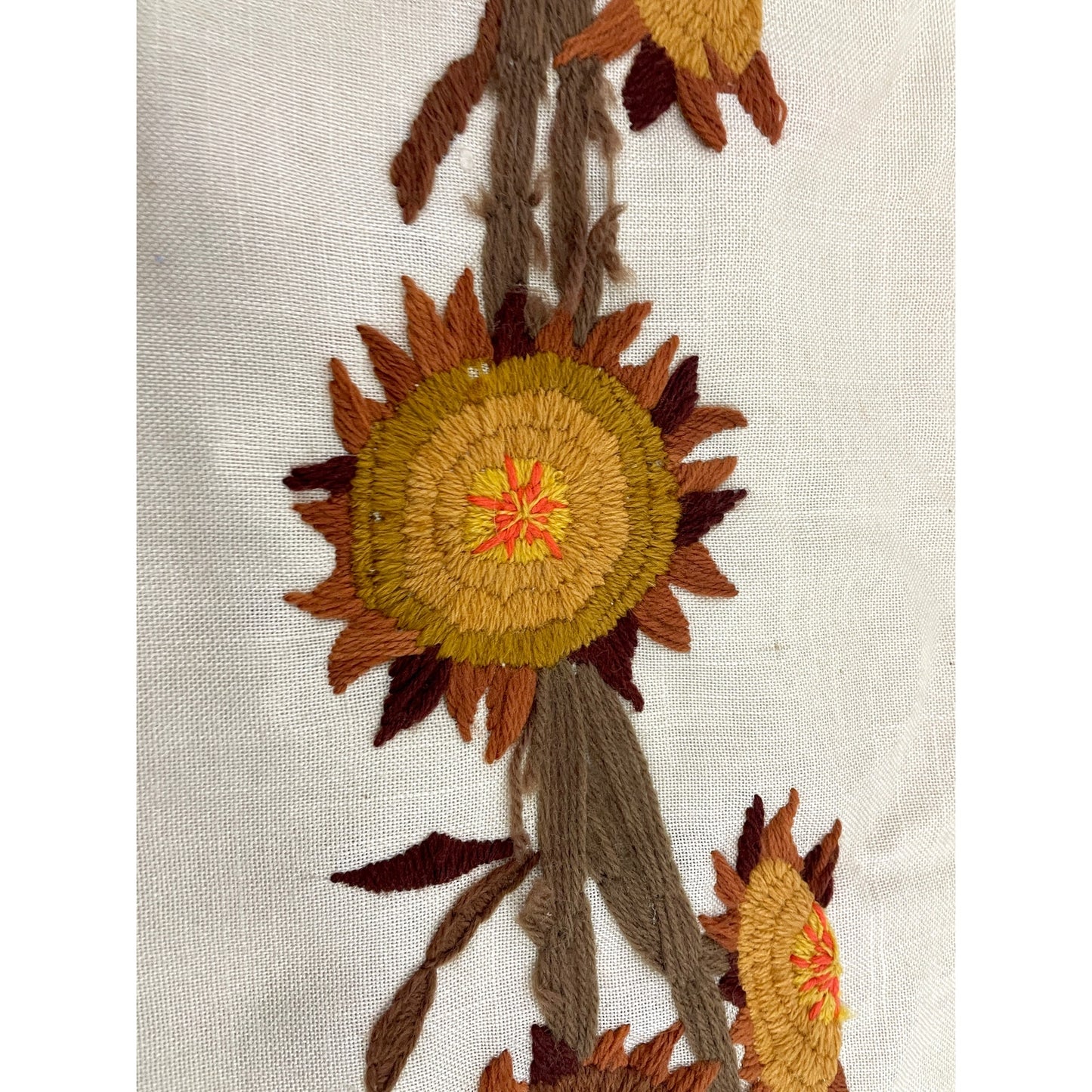 VTG Crewel Sunflower 70s Needlecraft Hand Embroidered Fiber Art 15"x30" No frame