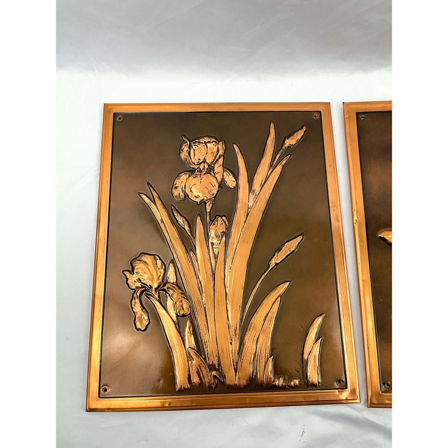 VTG Set of 2 Copper Floral Art Prints Embossed Metal Flowers Retro 11"x13"