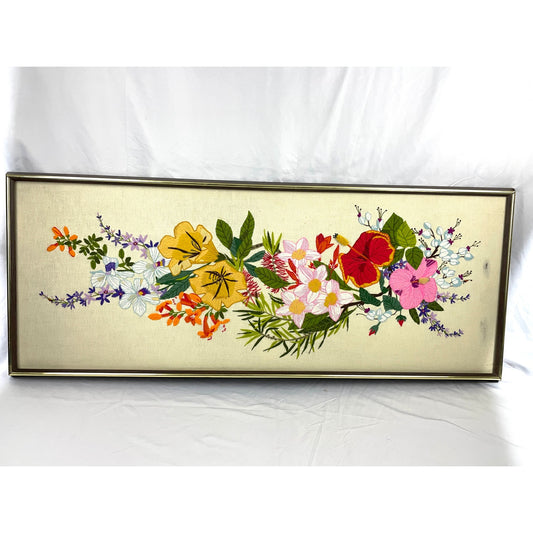 VTG Crewel Wildflowers Floral Embroidered Fiber Wall Art 16.5"x43" MCM 1970's