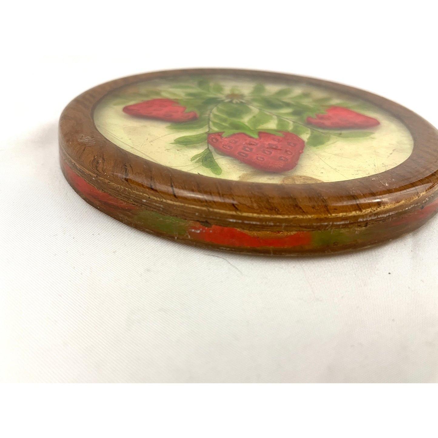 VTG Lucite Coaster Dried Flowers & Painted Strawberry Acrylic 1970's Retro Gamut