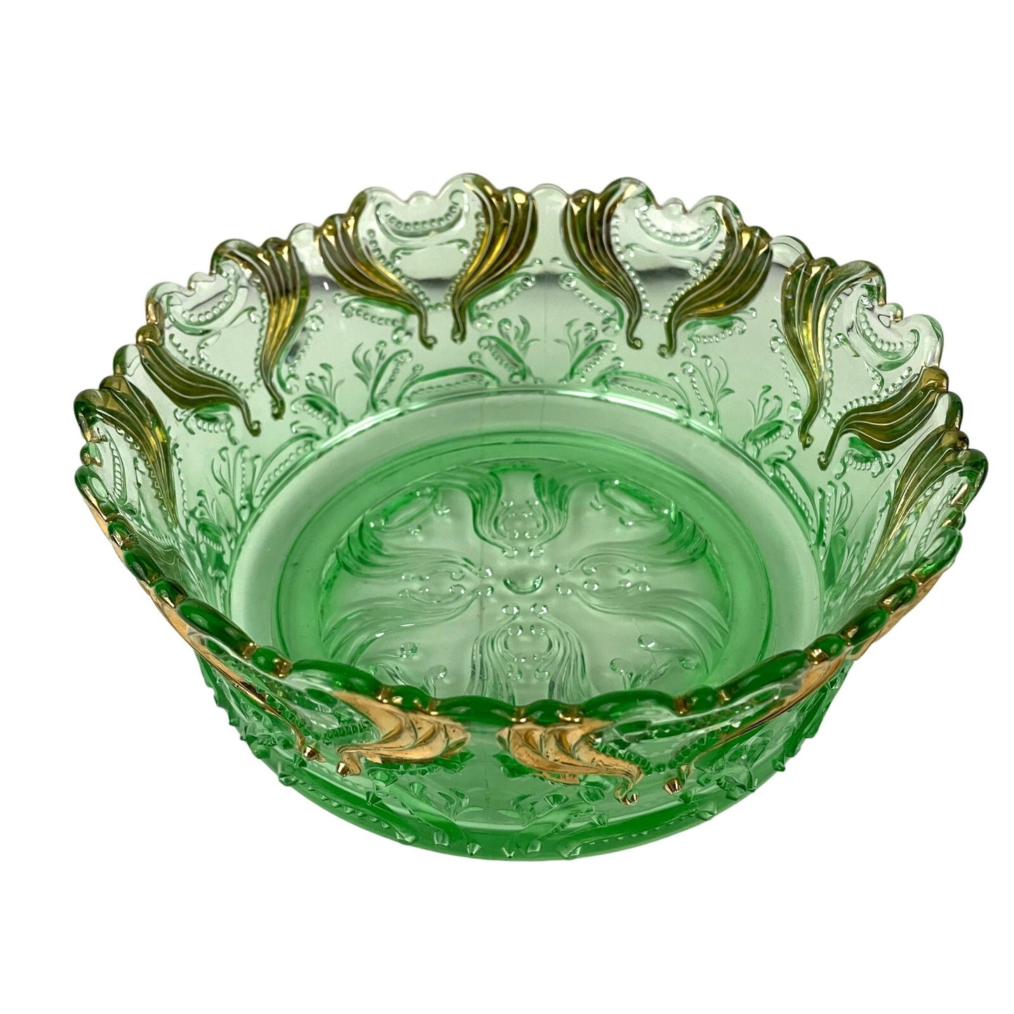 VTG Idyll Pattern Jefferson Pressed Glass Bowl Green Gold Accent