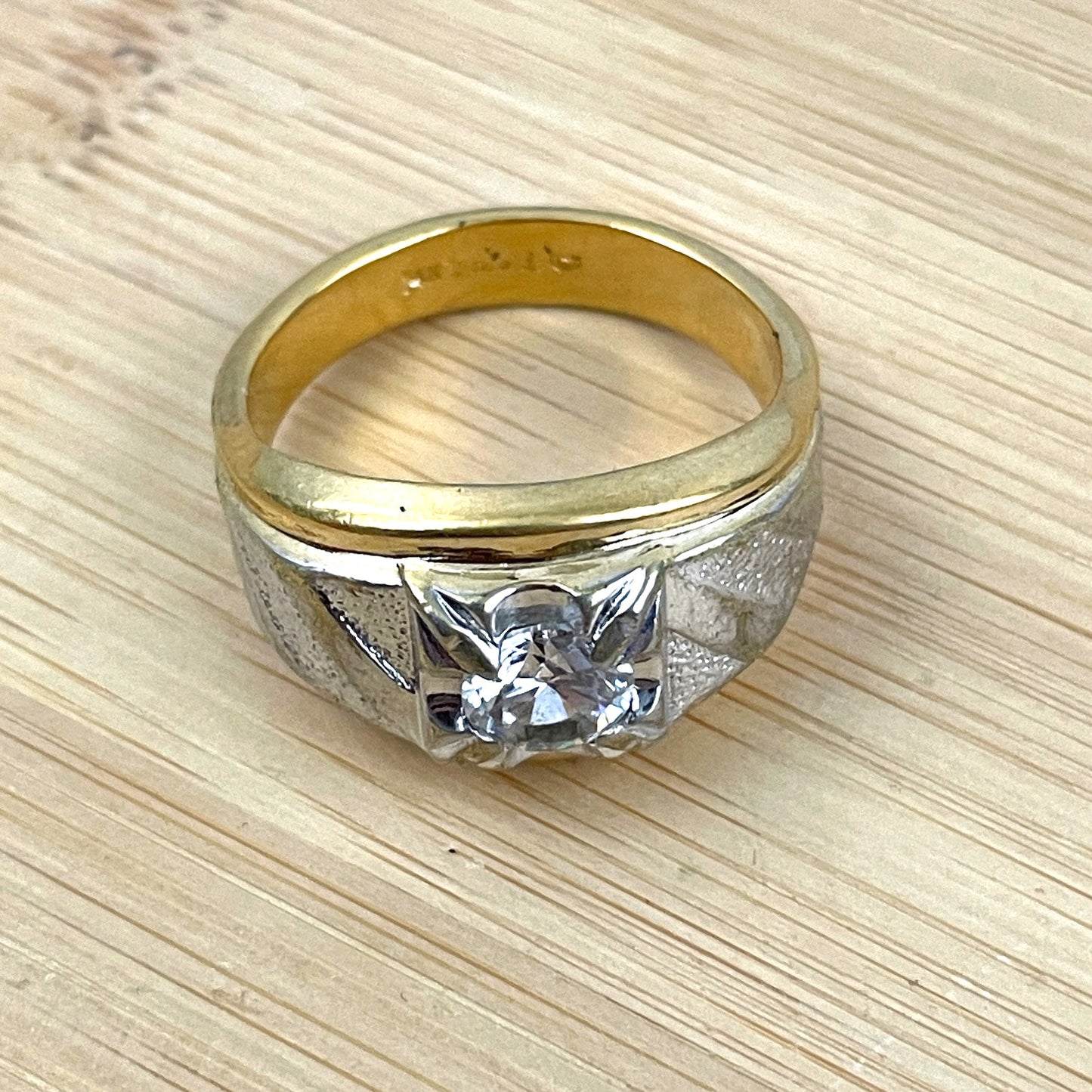 VTG Cocktail Ring 14K HGE Gold Silver Tone Cubic Zirconia Men’s Ring Sz 11.5