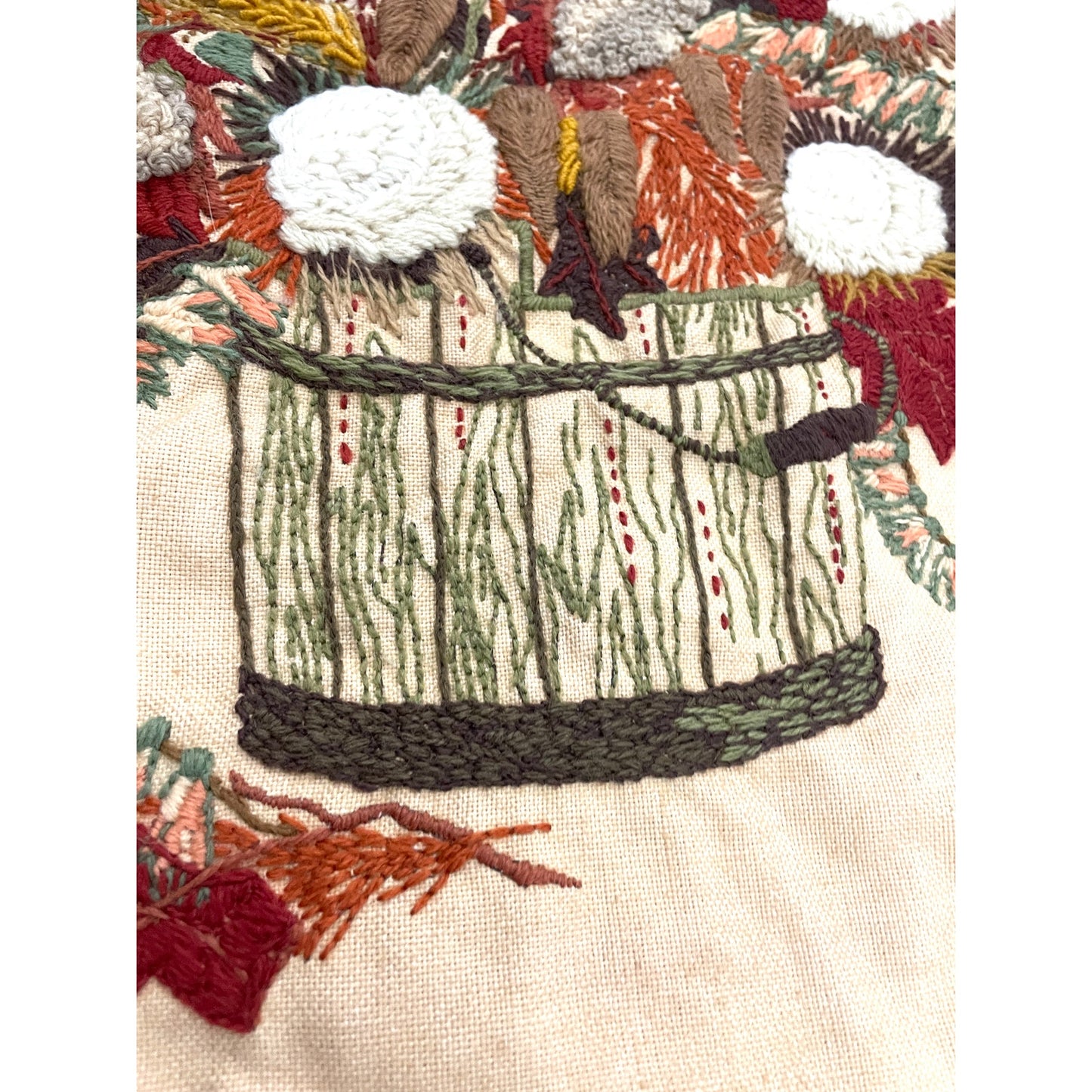 VTG Crewel Fall Bouquet 80s Needlecraft Hand Embroidered Wall Art 19"x21"