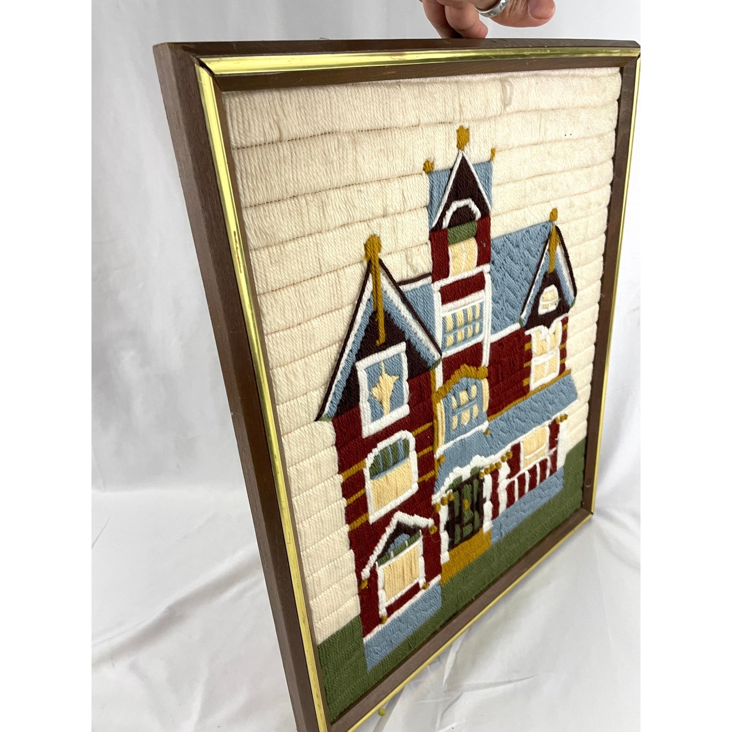 VTG Bernat Victorian Home Framed Needlepoint Crewel Wall Art 17"x21" Handmade