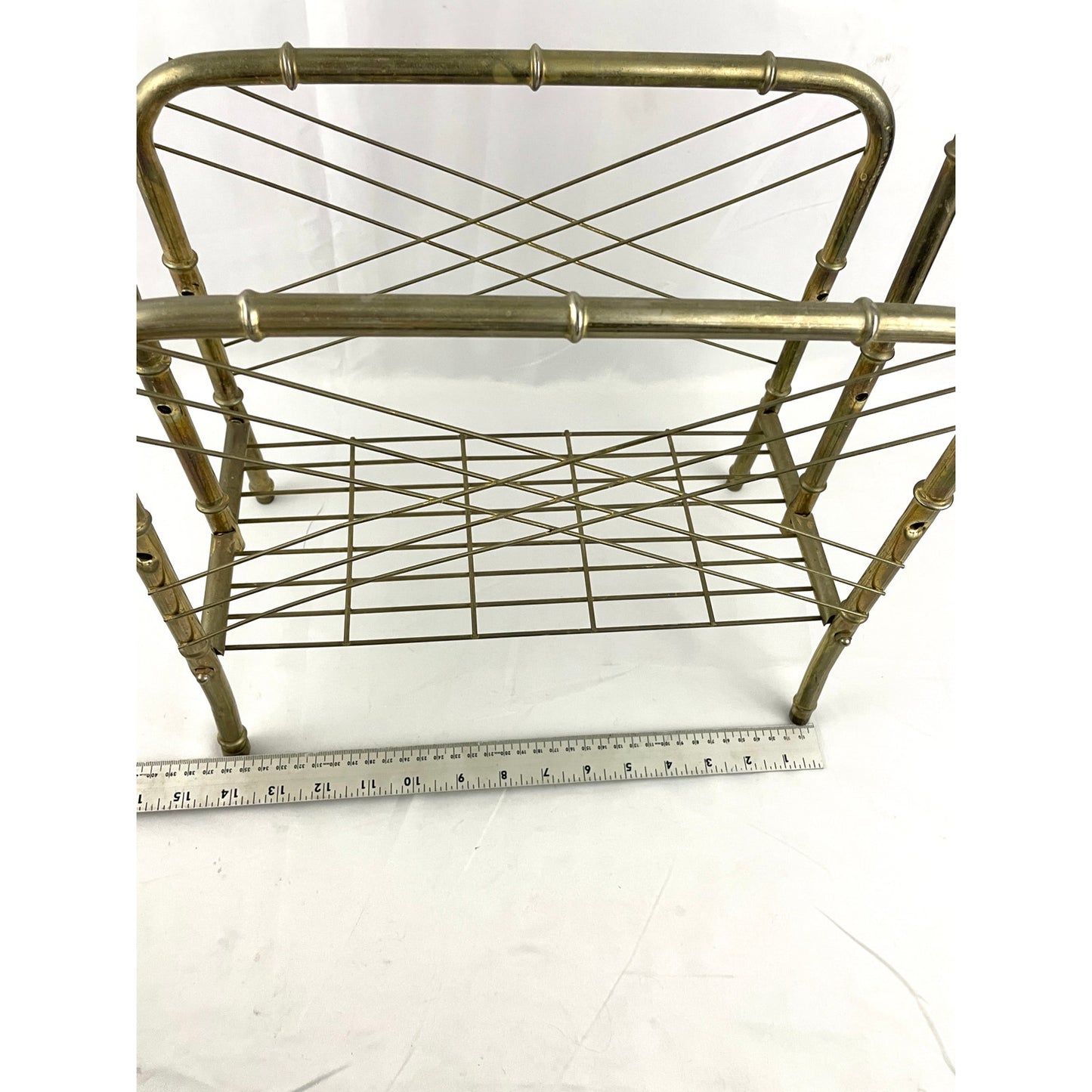 VTG Hollywood Regency Gold Metal Bamboo Cane Magazine Newspaper Stand Rack MCM