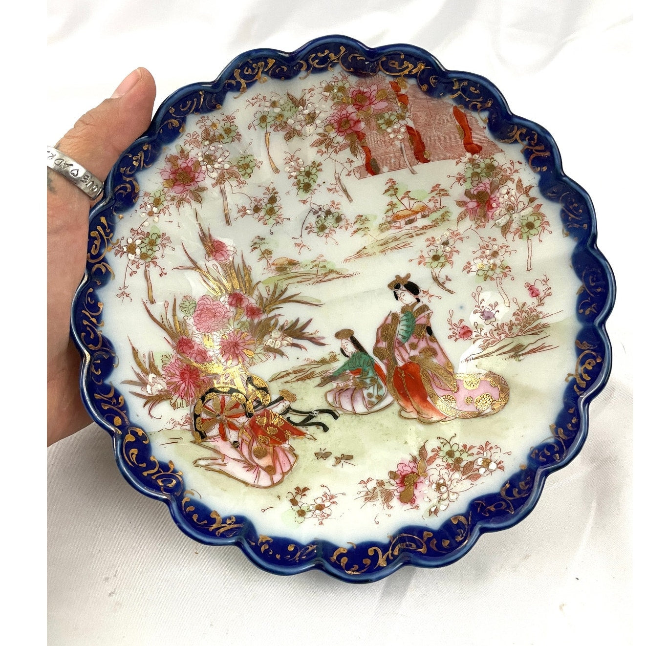 Antique Japanese Porcelain Bowl Hand Painted Floral Blue Gold Trim 7"