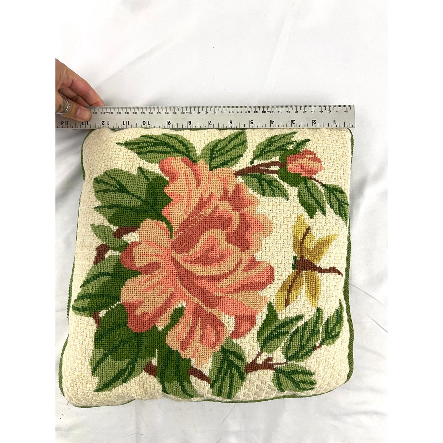 VTG Hand Sewn Pillow Pink Floral Roses Dragonfly Embroidered 13"x13"