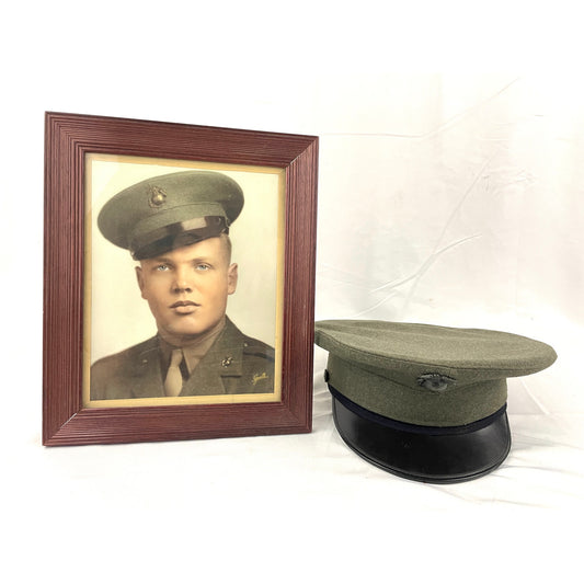 Original U.S. Post WWII Marine Corps Green Wool Visor Cap USMC EGA & Photograph