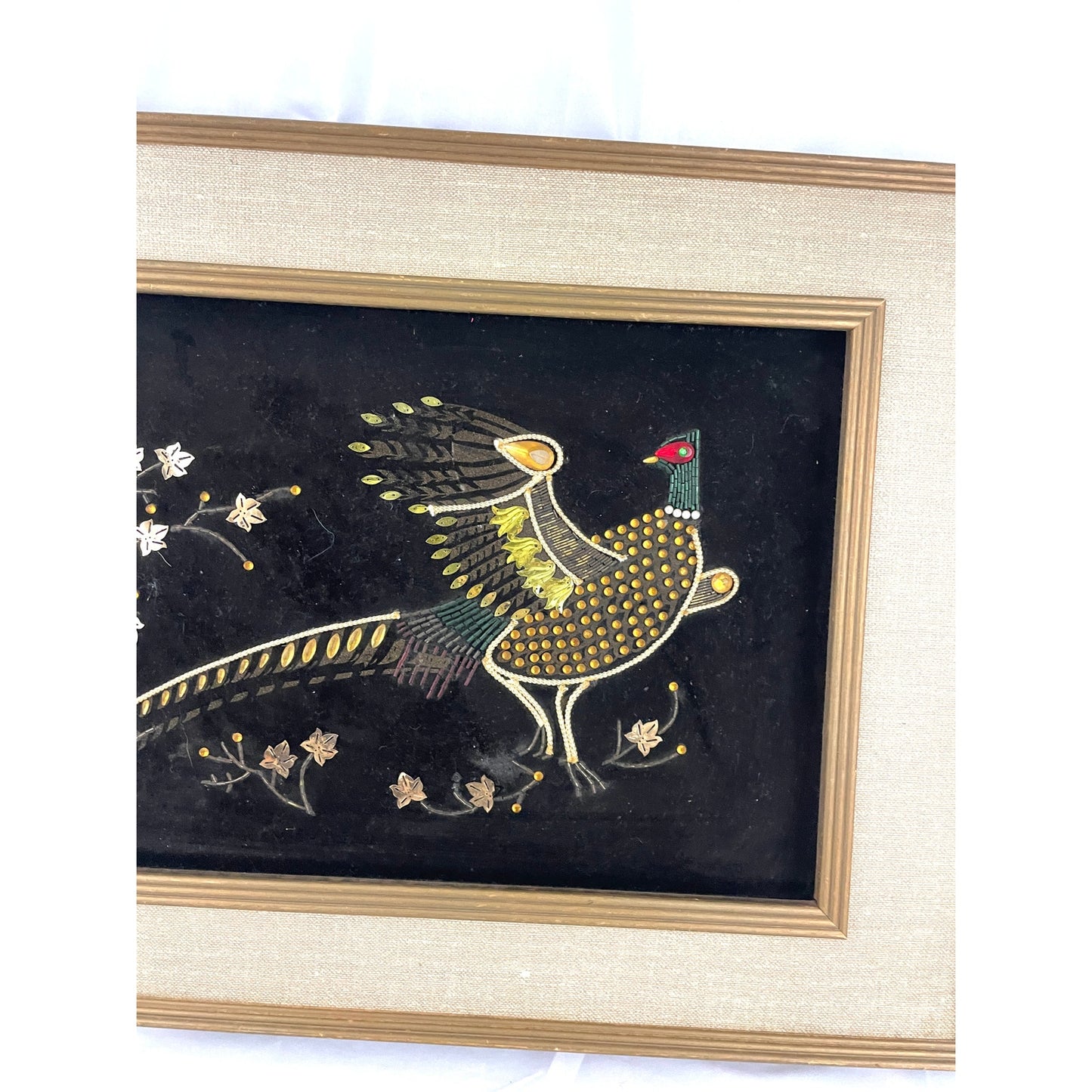 VTG Pheasant Bird Black Velvet Felt Beaded Rhinestones Art Wooden Frame MCM