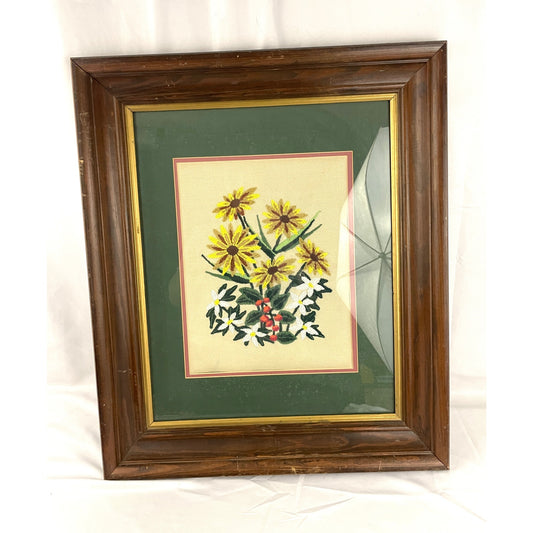 VTG Yellow Flowers Crewel Embroidered Art Wall Decor MCM 21"x25" Bouquet Daisies