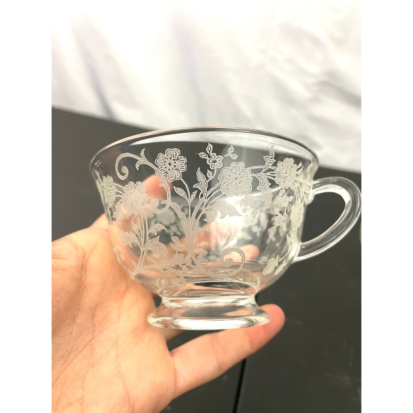 VTG Set of 4 Cambridge Clear Crystal Glass Rose Point Tea Cups Etched MCM