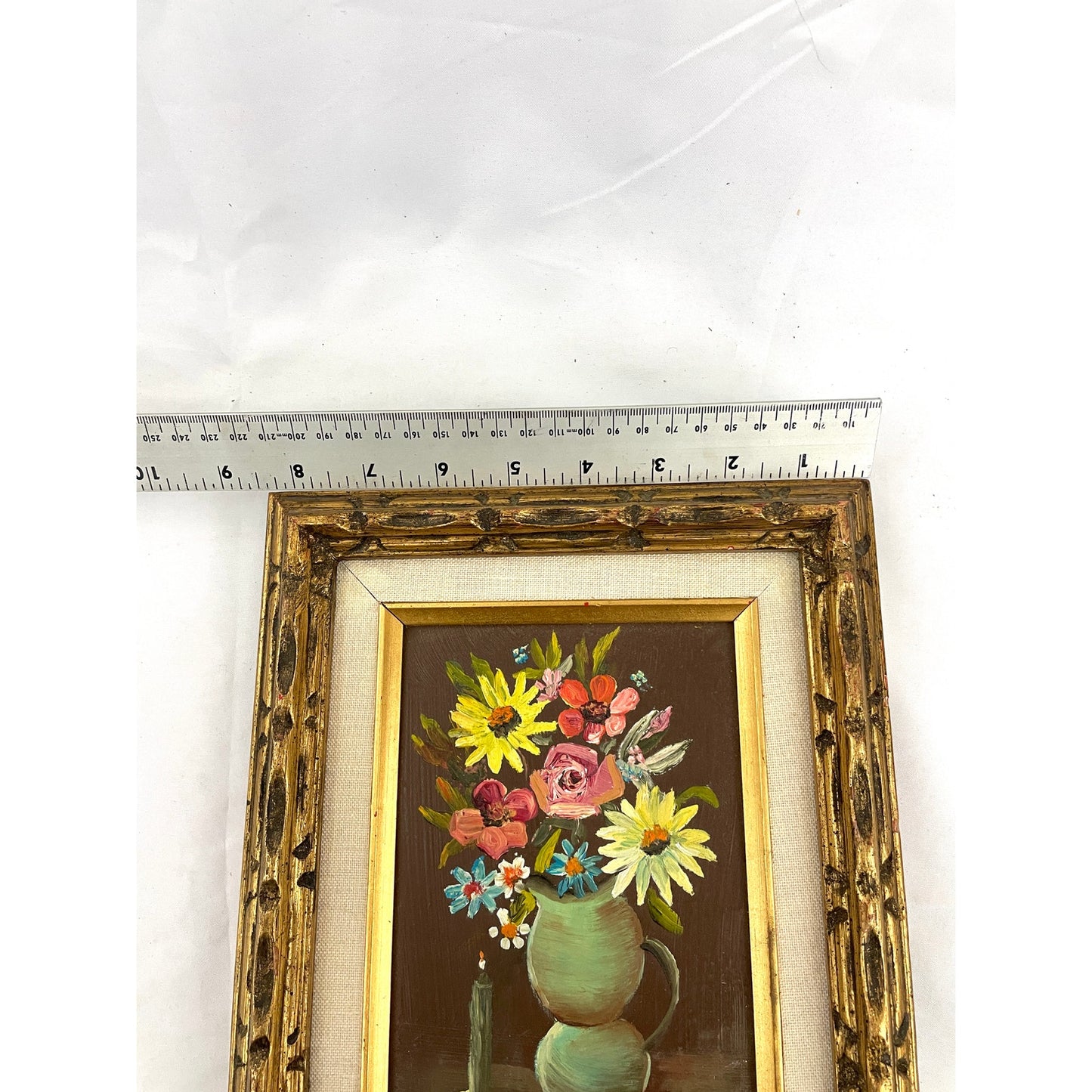 VTG Flower Vase Oil Painting Artist Signed Wood Framed MCM 70s Original OOAK