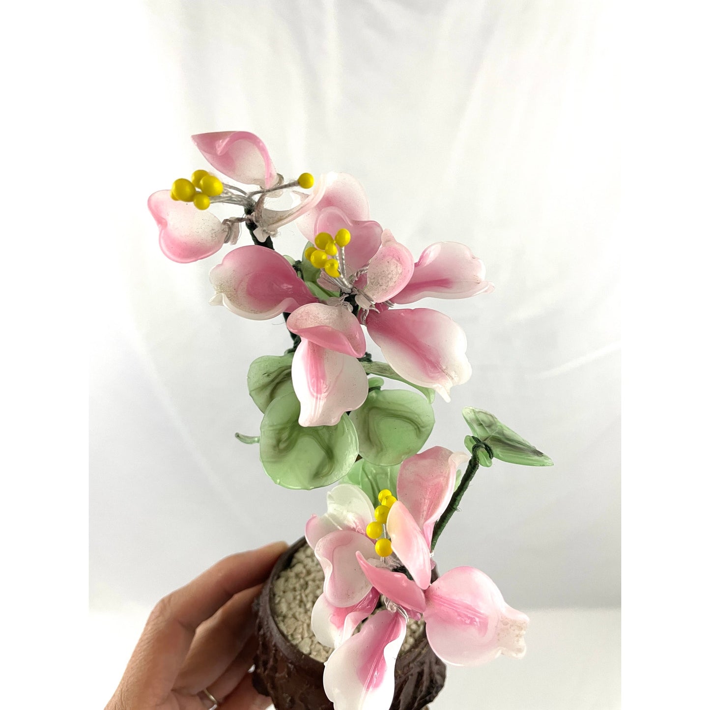 VTG Pink Cherry Blossom Jade Carved Leaves Faux Bonsai Tree 8" Tall