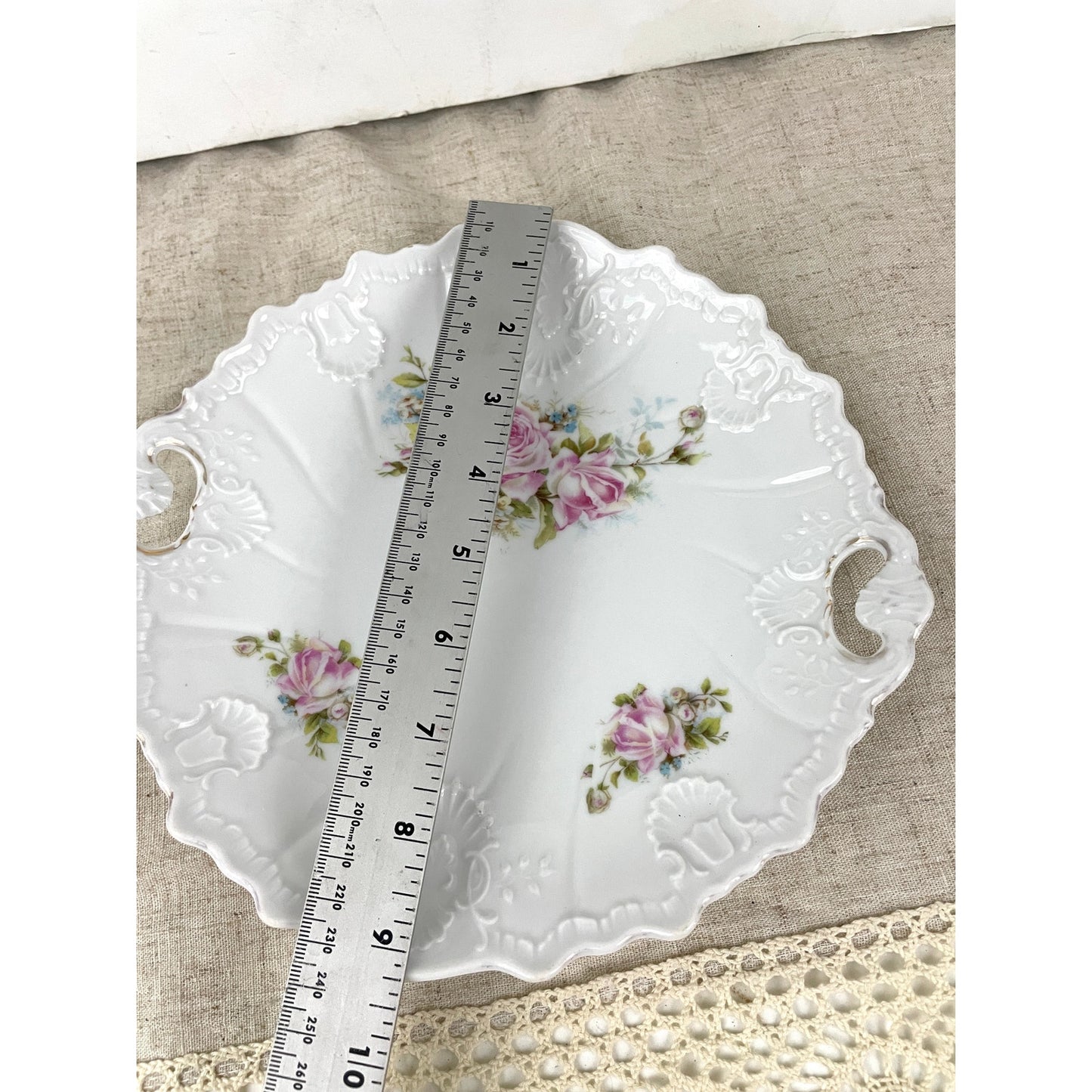 VTG Porcelain Pink Roses Floral Serving Plate With Handles Embossed Shabby Chic