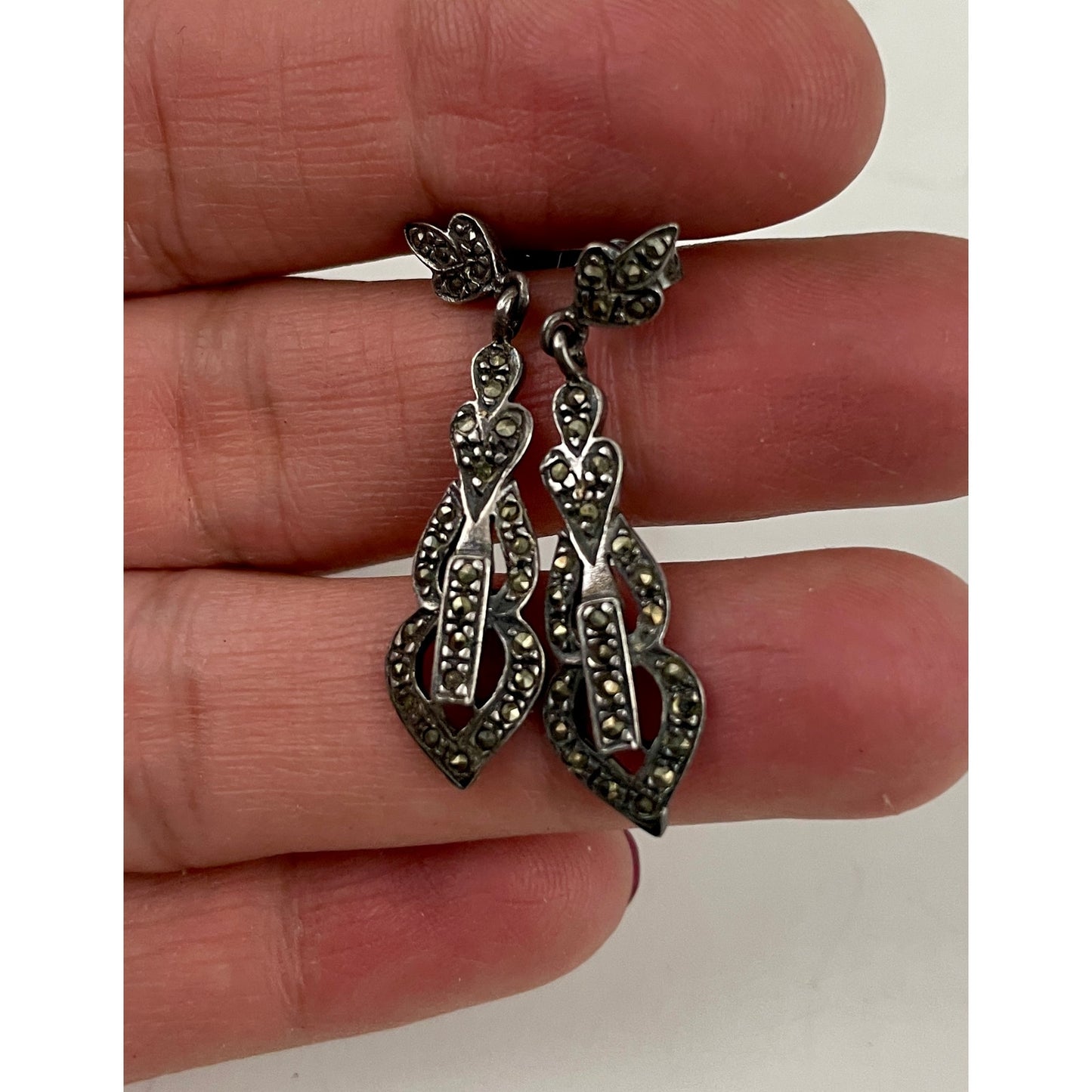 VTG Marcasite and Sterling Silver 925 Dangle Earrings Unique Rare Stamped