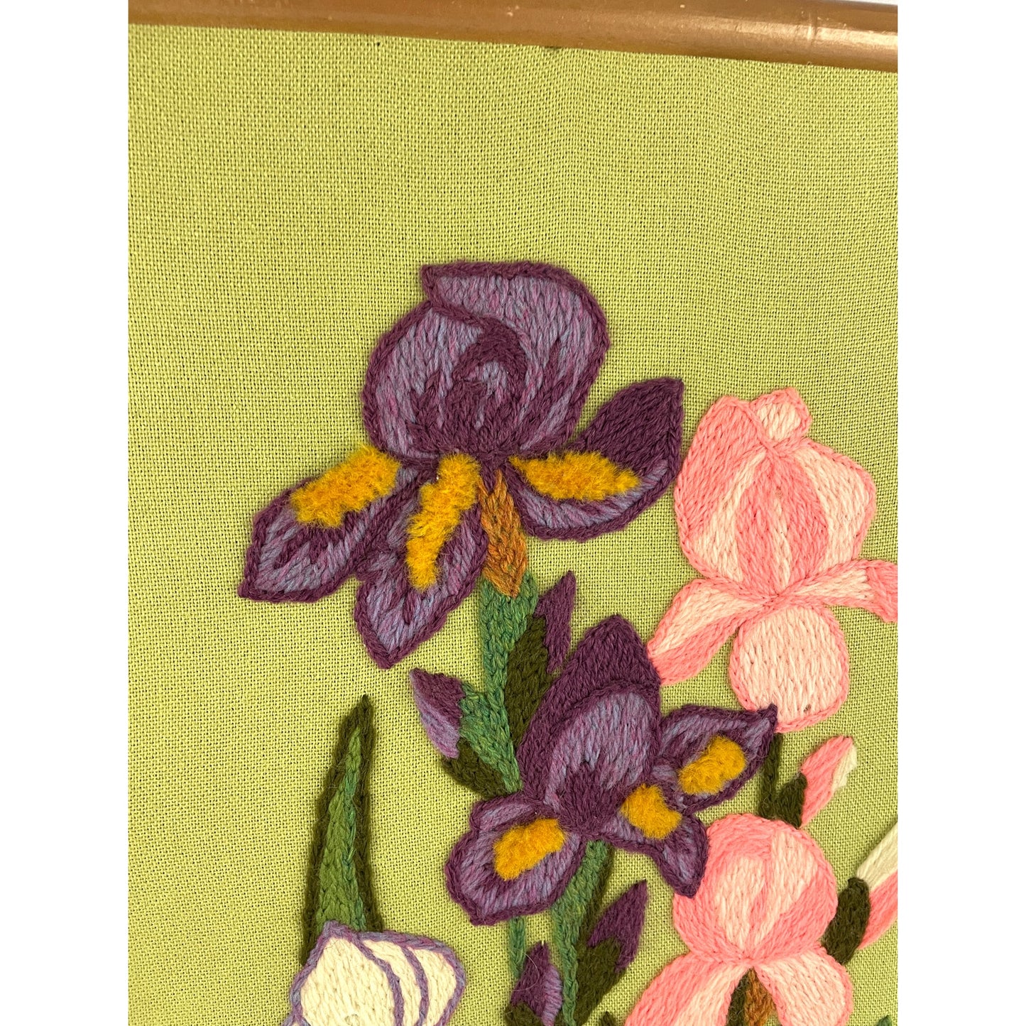 VTG Crewel Floral Iris Needlepoint Framed 70's Embroidered Wall Art 13"x34"