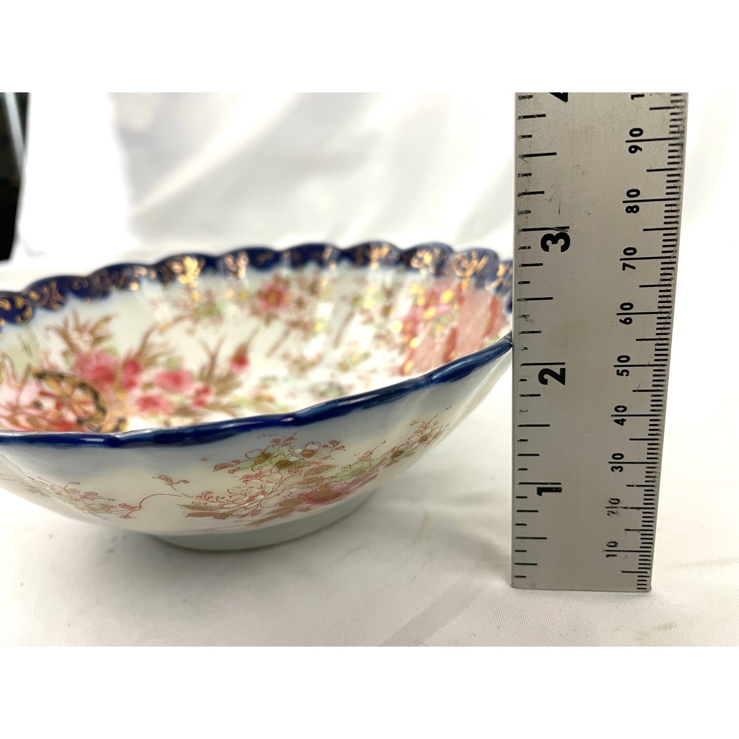 Antique Japanese Porcelain Bowl Hand Painted Floral Blue Gold Trim 7"