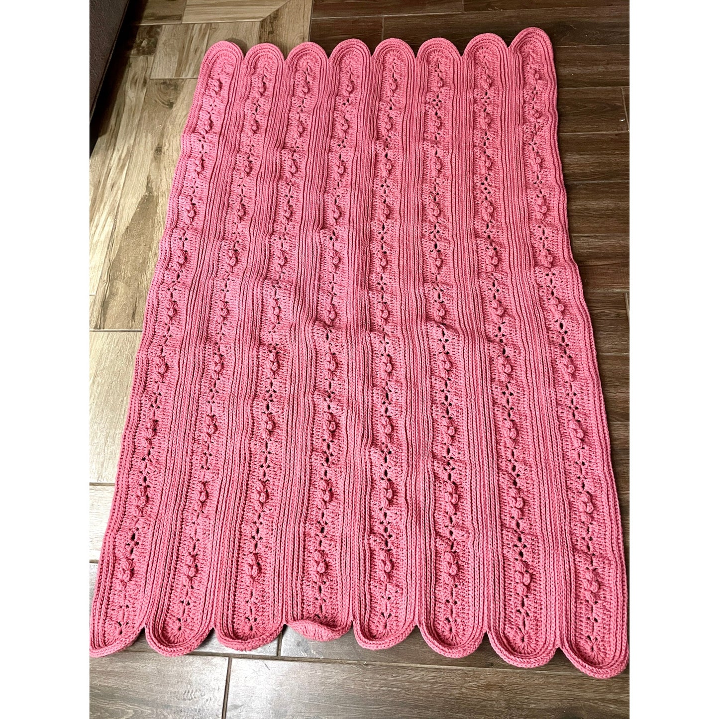 VTG Handmade Pink Crocheted Afghan Throw Blanket Chain Popcorn Stitch 60"x40"