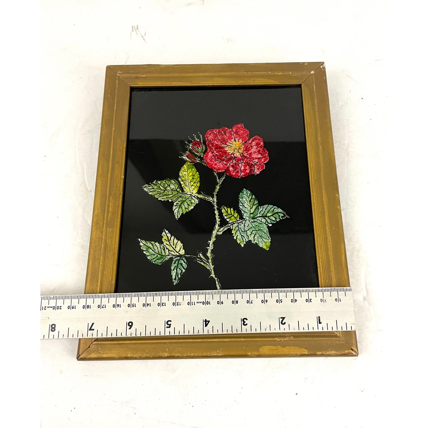 VTG Folk Art Tinsel Foil Reverse Artwork Framed 70s Red Rose 7"x9"