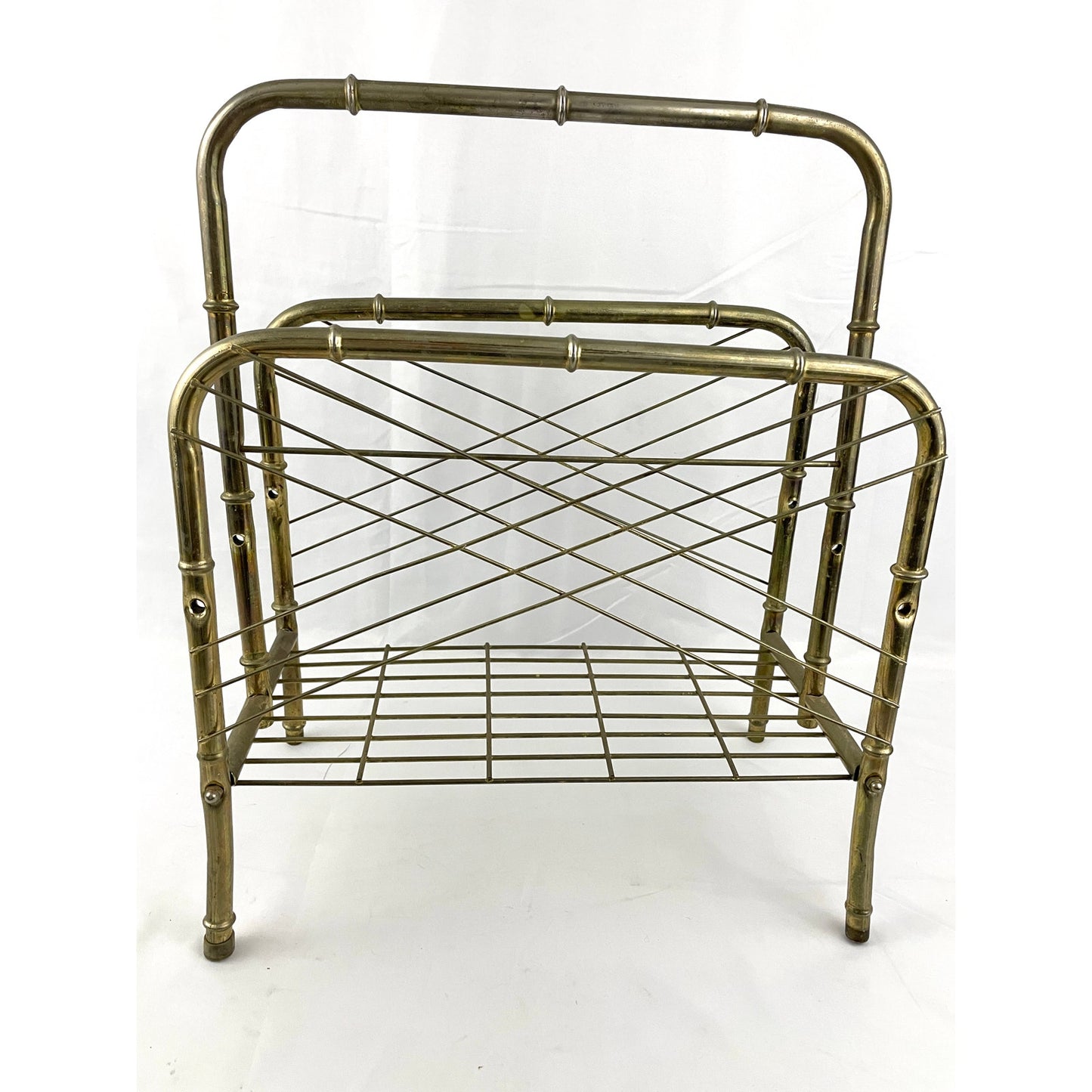 VTG Hollywood Regency Gold Metal Bamboo Cane Magazine Newspaper Stand Rack MCM