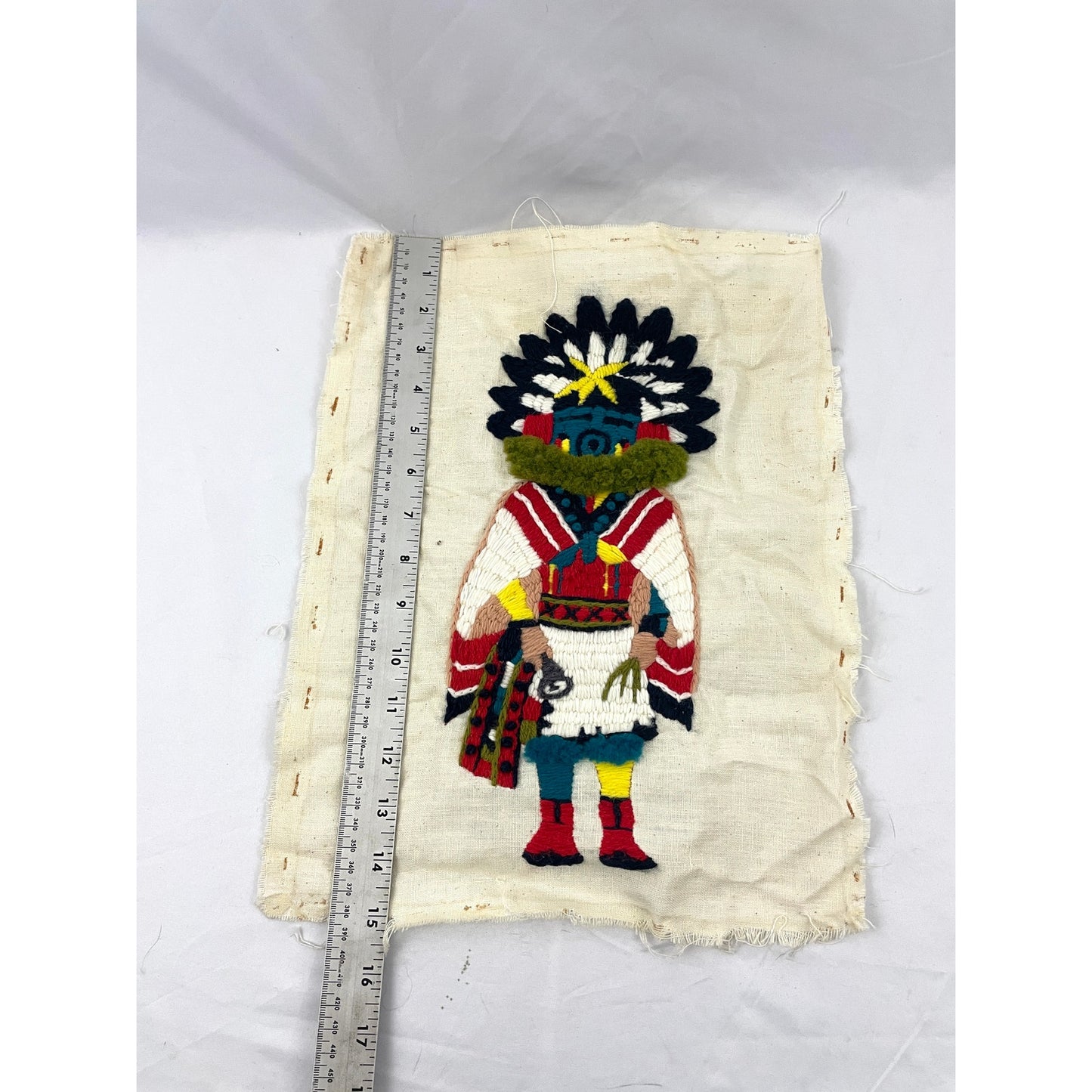 VTG Crewel Native Kachina 70s Needlecraft Hand Embroidered Art 12"x15" Unframed