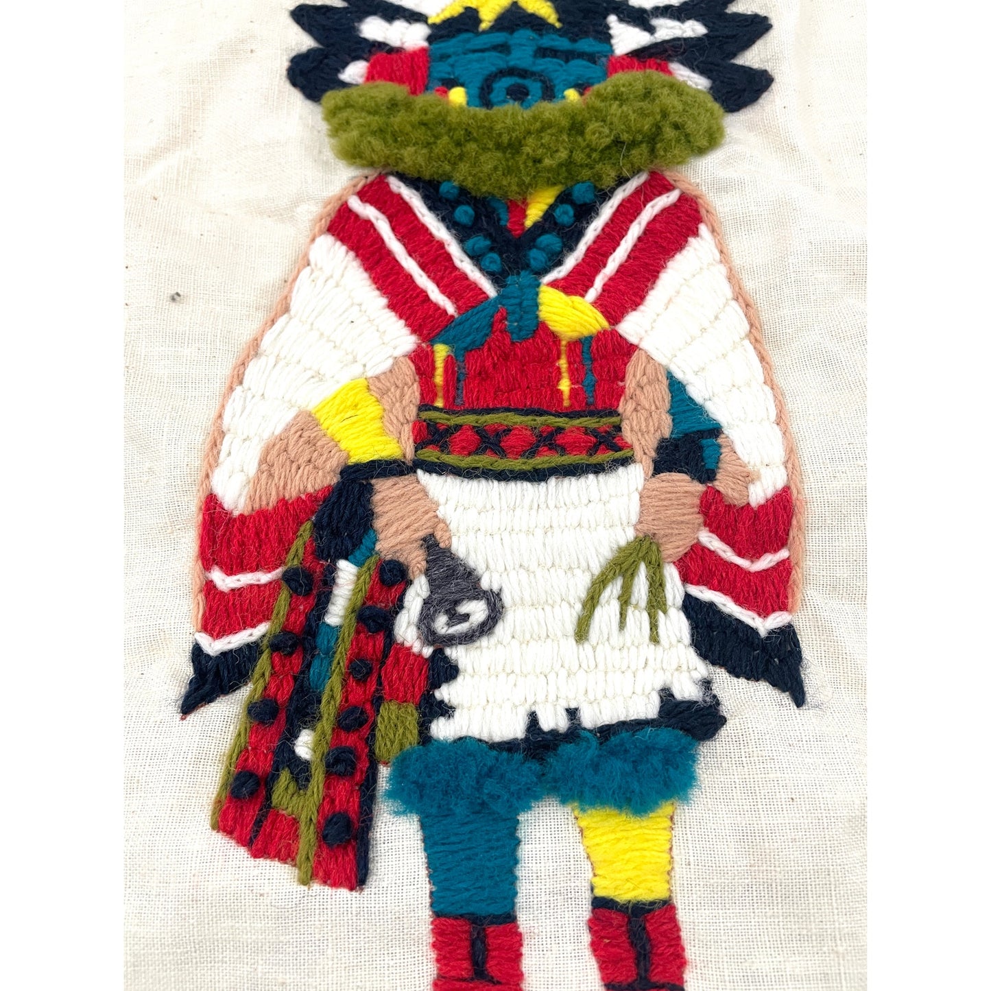 VTG Crewel Native Kachina 70s Needlecraft Hand Embroidered Art 12"x15" Unframed