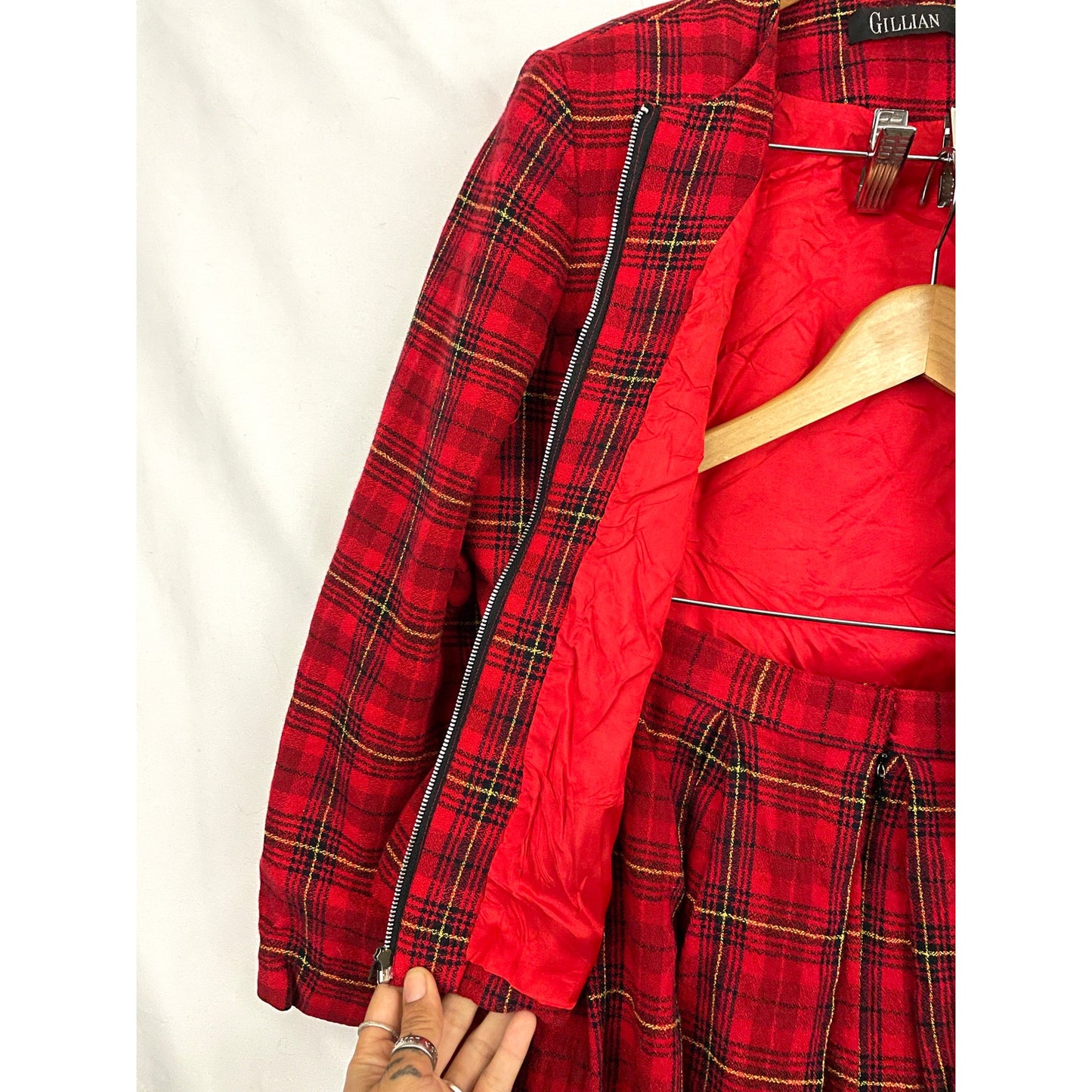 VTG Gillian Red Plaid Wool 2PC Skirt & Jacket Sz 14 Full Zip 1990's Clueless