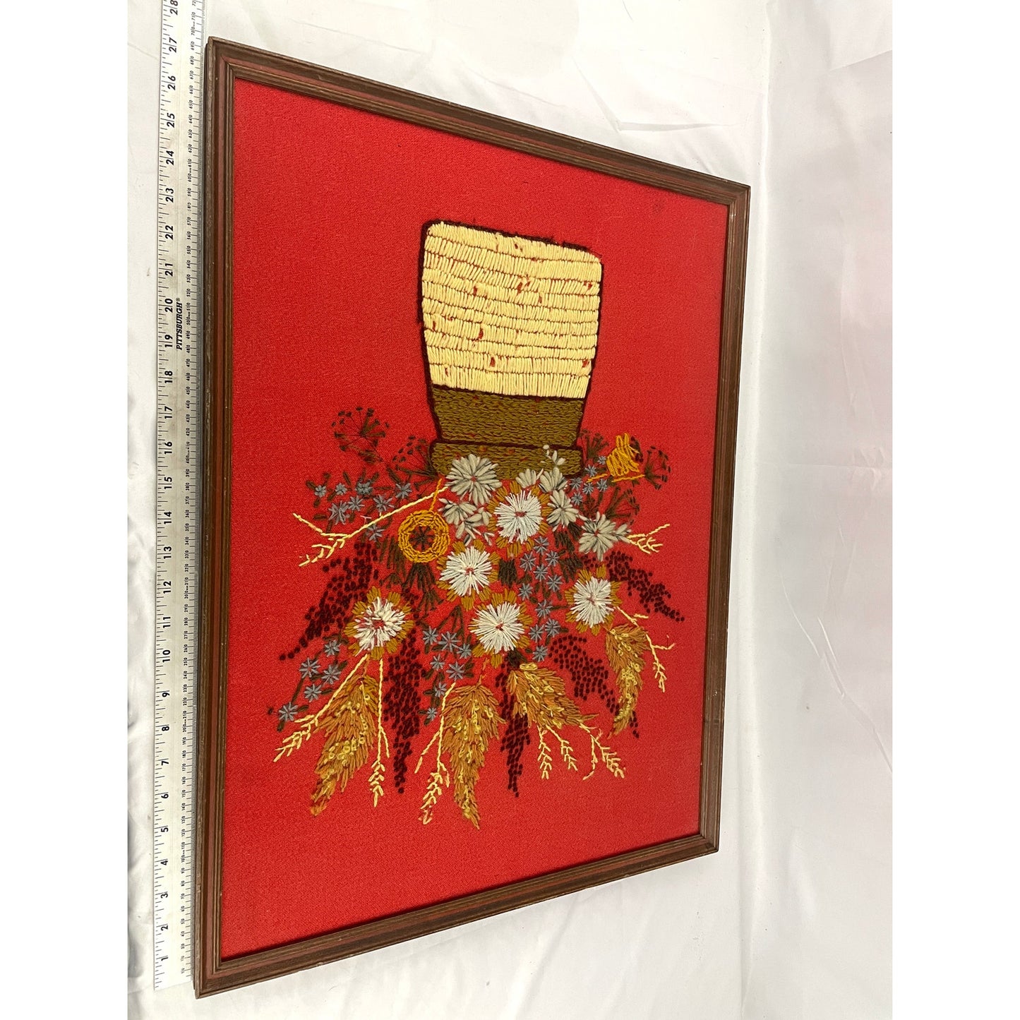 VTG Crewel Flowers in Vase Needlecraft Embroidered Framed Wall Art 21"x27" 70s