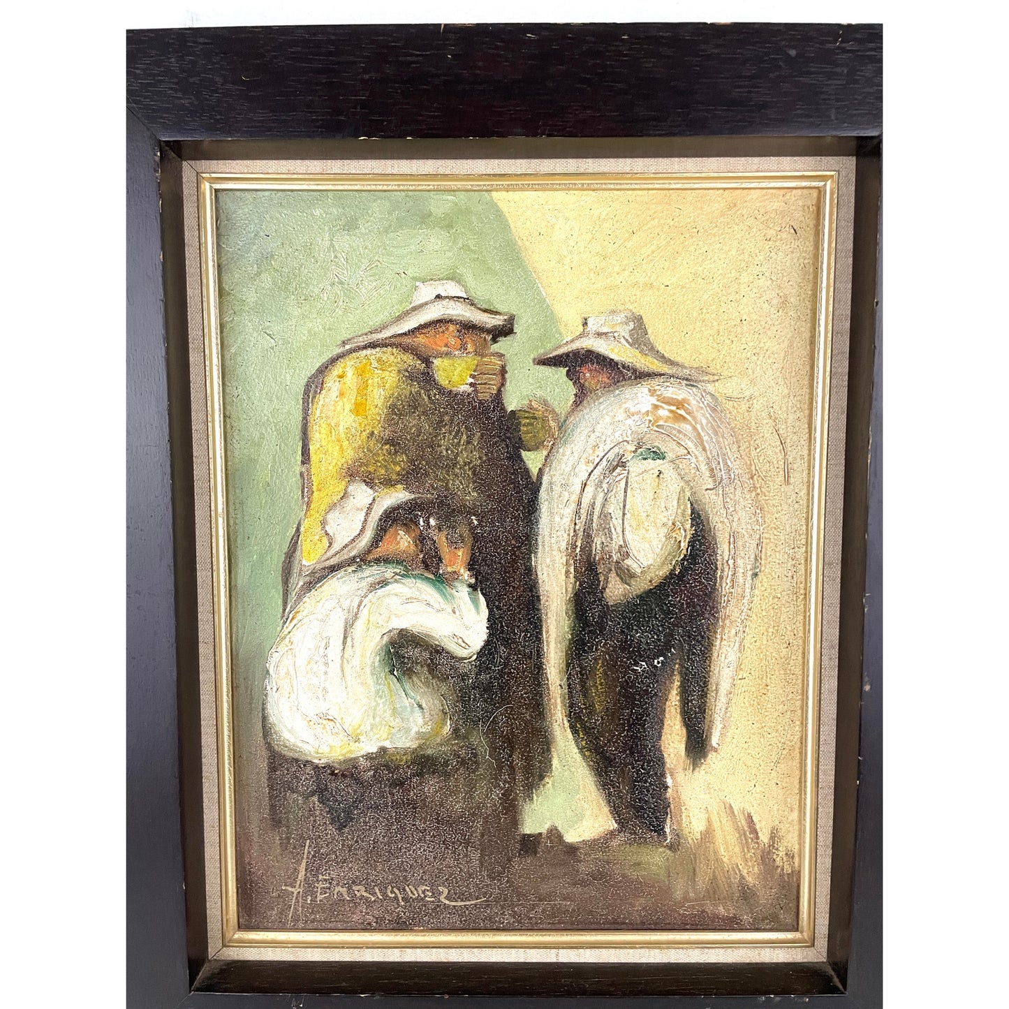 VTG Men Talking Together Oil Canvas Painting Framed Signed A. Enriquez 15"x18"