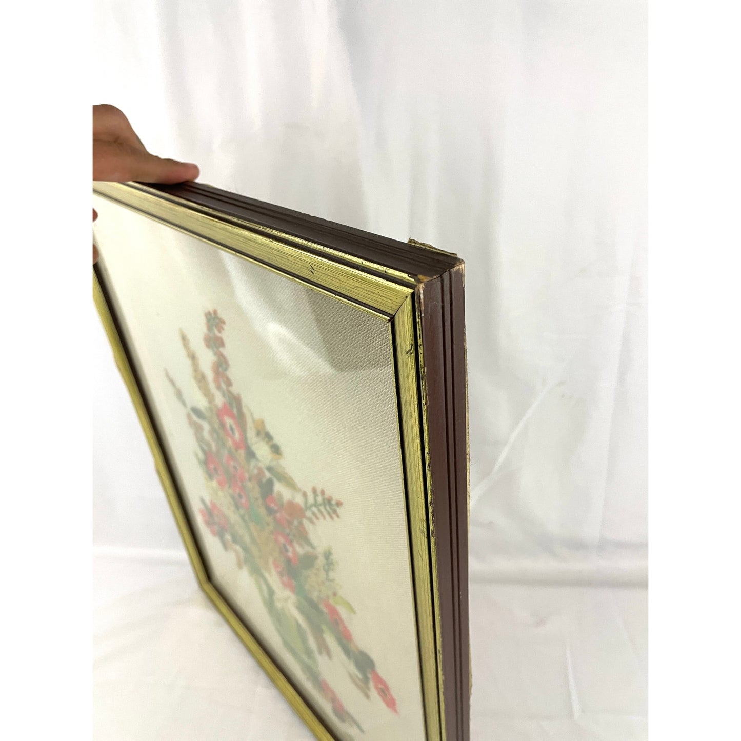 VTG Crewel Flowers Vase Needlecraft Embroidered Framed Wall Art 17.5"x21.5" 70s