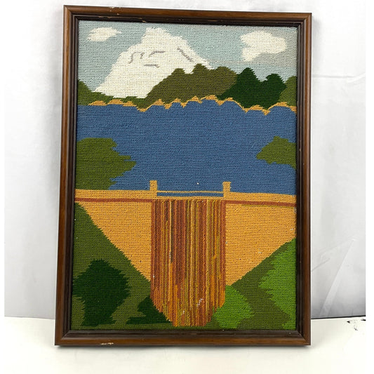 VTG Three Shastas Dam CA Needlepoint Embroidered MCM Fiber Art 12"x16" Framed