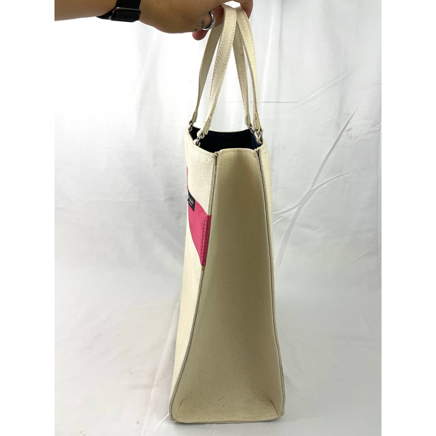 VTG Kate Spade Tote Bag Beige Pink Canvas Handbag Solid Stripe